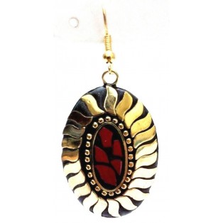 Retro Metal Earring - Ethnic Tribal Fusion - Drop Dangle Hook Long - Leafy Gold 1